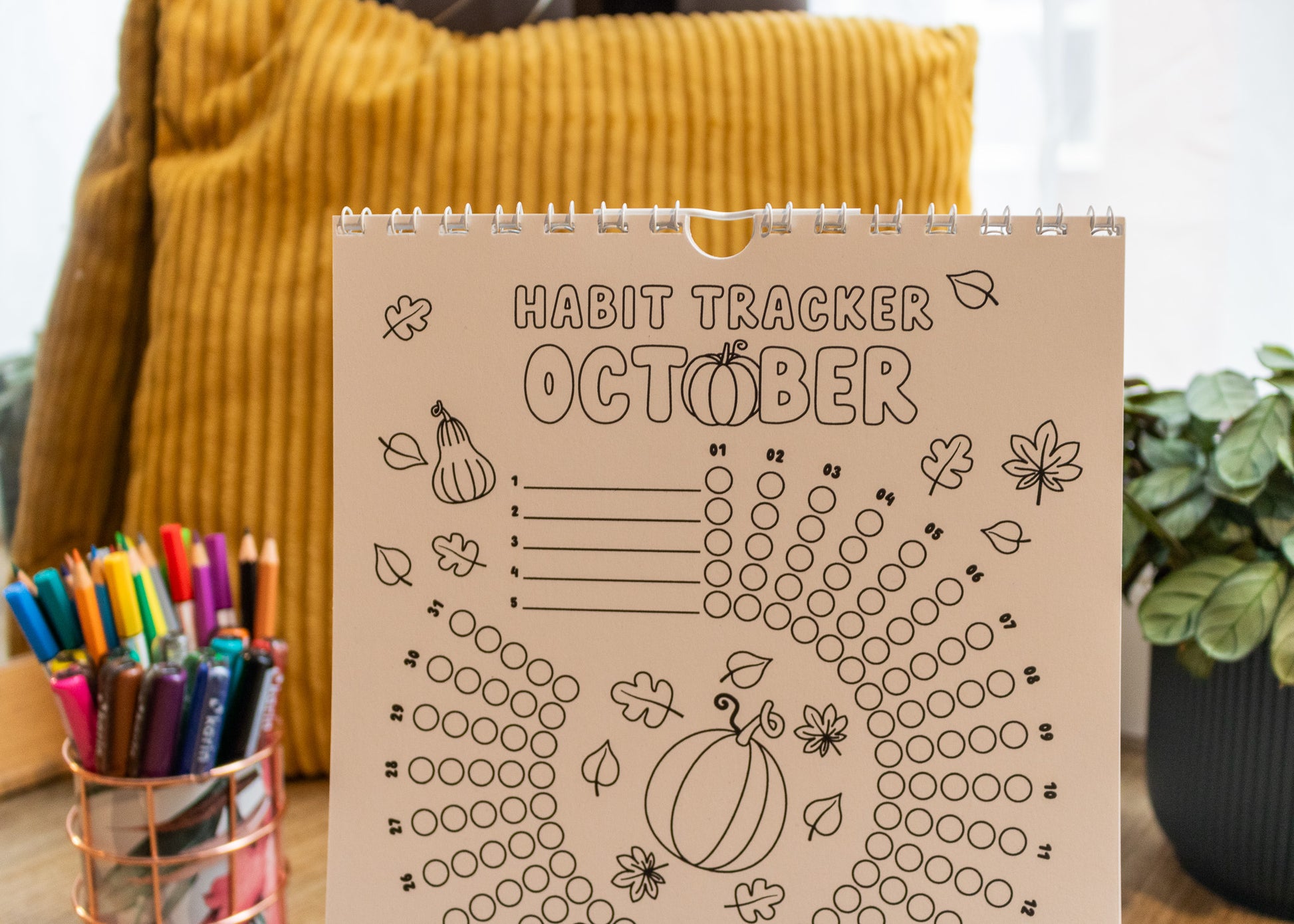 12-Month Colouring Habit Tracker by MellowApricotStudio - October page with pumpkins