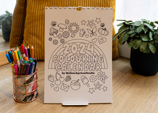 2024 Colouring Calendar by MellowApricotStudio - cover page in lifestyle setting