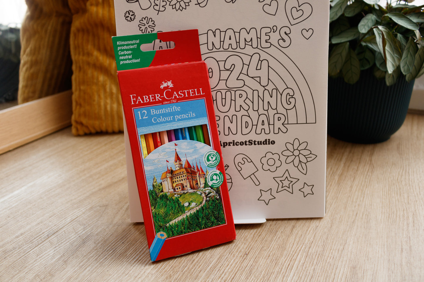 Personalised 2024 Colouring Calendar Gift Bundle with Colouring Pencils by MellowApricotStudio - close up