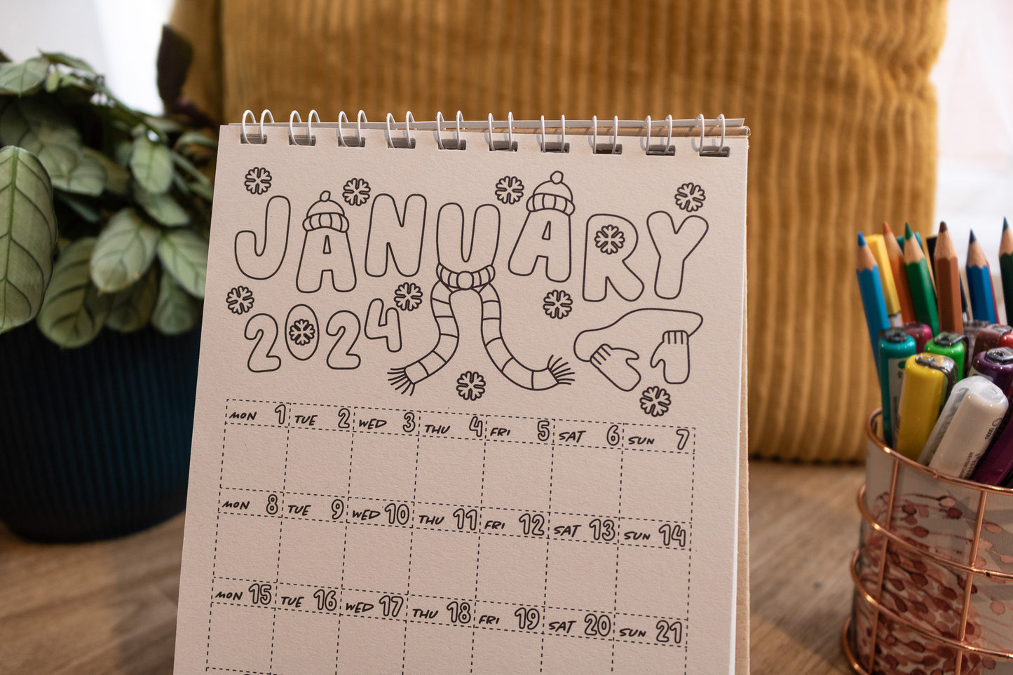 2024 Colouring Calendar by MellowApricotStudio - A5 and A6 standing desk calendars - january page with snowflakes