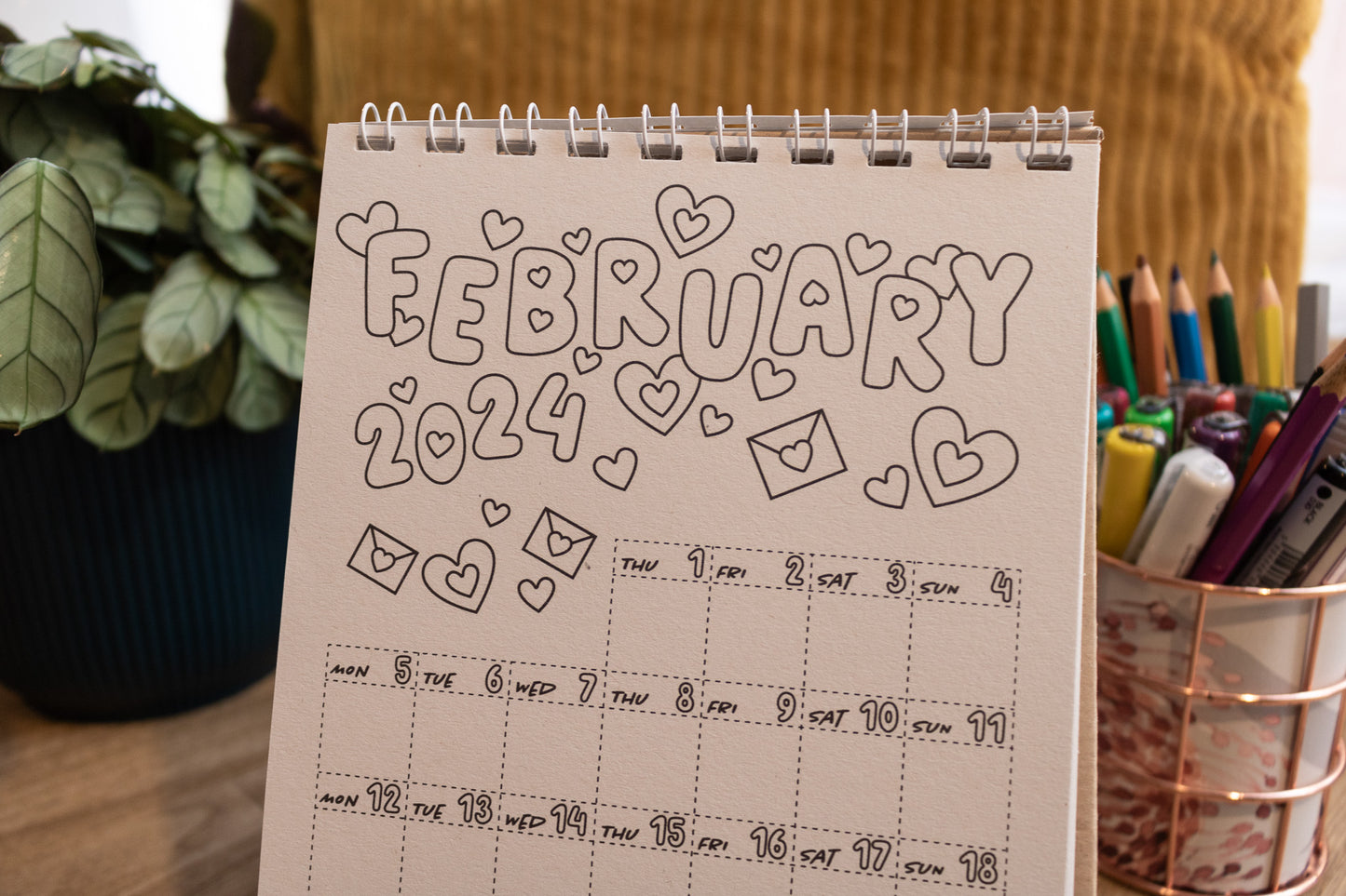 2024 Colouring Calendar by MellowApricotStudio - A5 and A6 standing desk calendars - february page with hearts