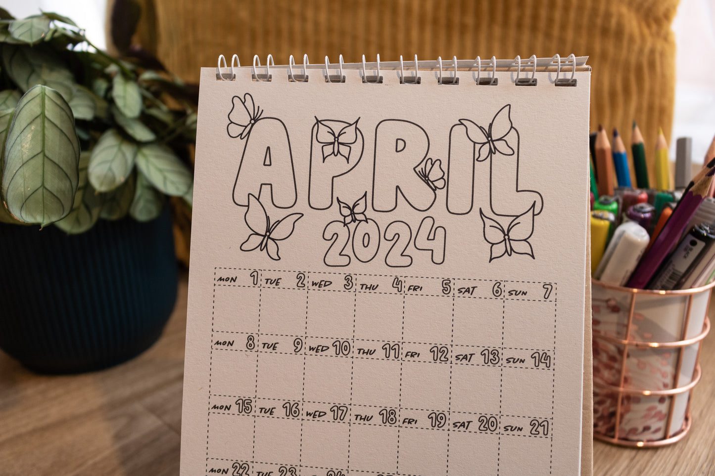 2024 Colouring Calendar by MellowApricotStudio - A5 and A6 standing desk calendars - april page with butterflies