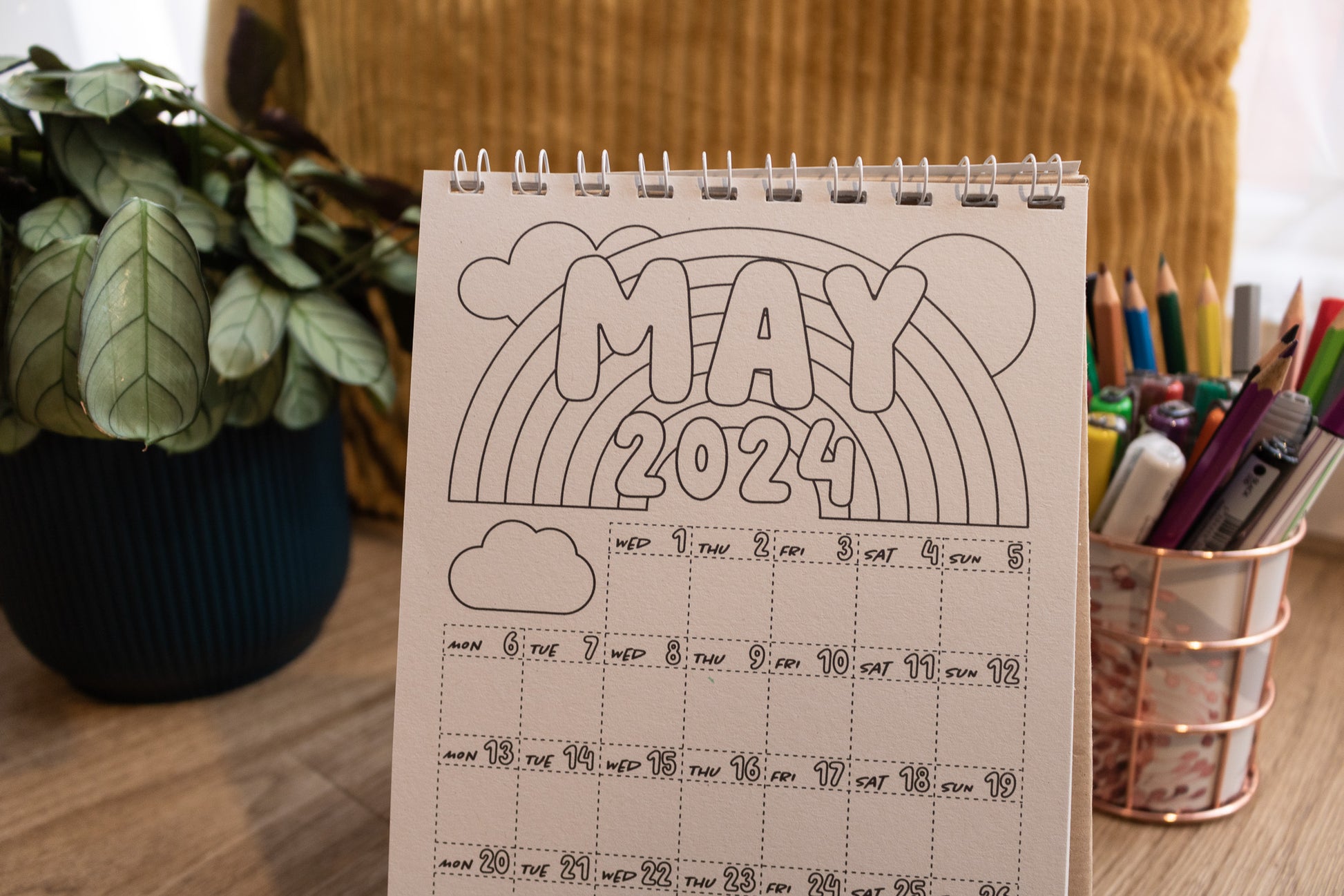 2024 Colouring Calendar by MellowApricotStudio - A5 and A6 standing desk calendars - may page with rainbow