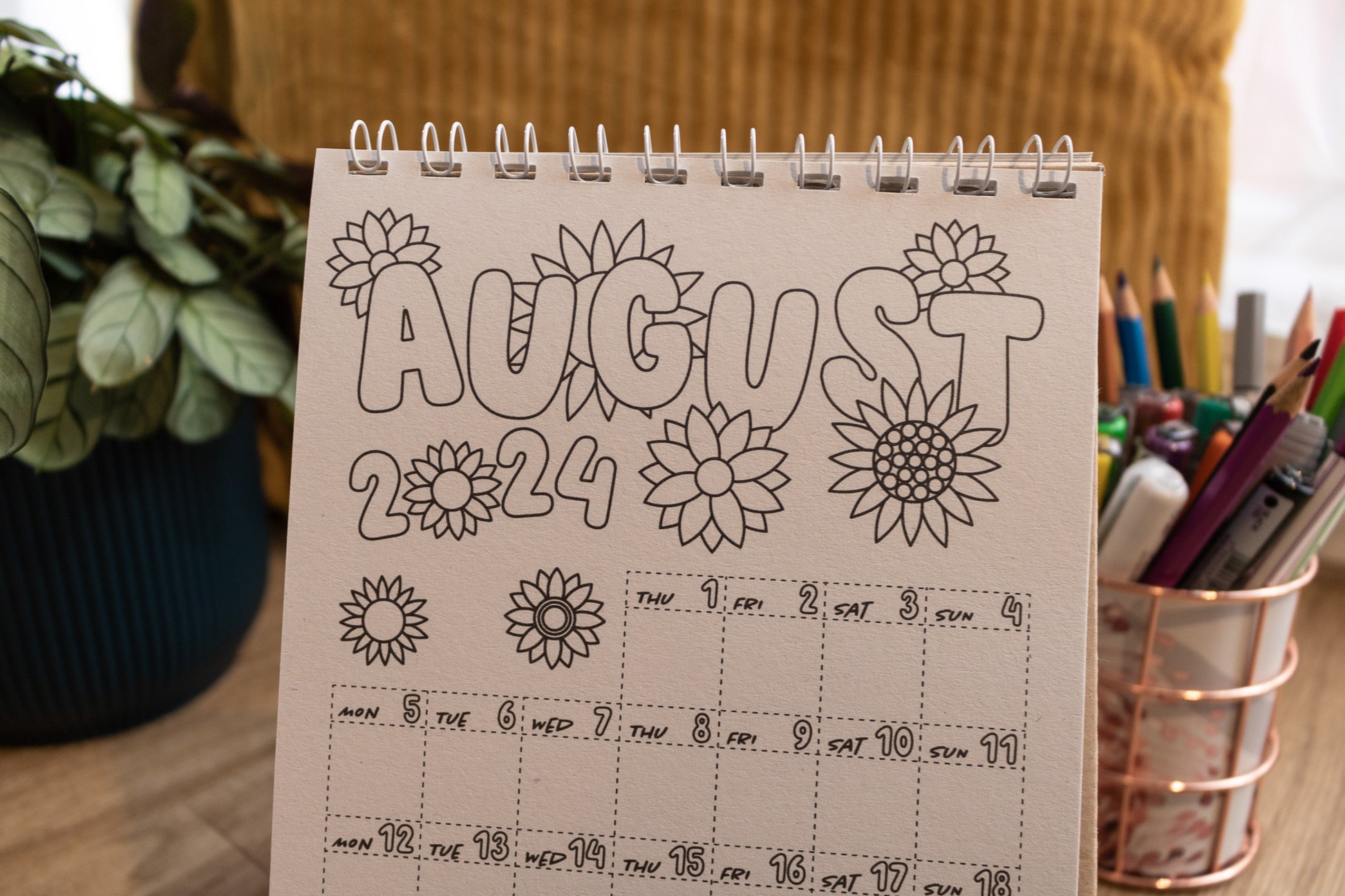 2024 Colouring Calendar by MellowApricotStudio - A5 and A6 standing desk calendars - august page with sunflowers