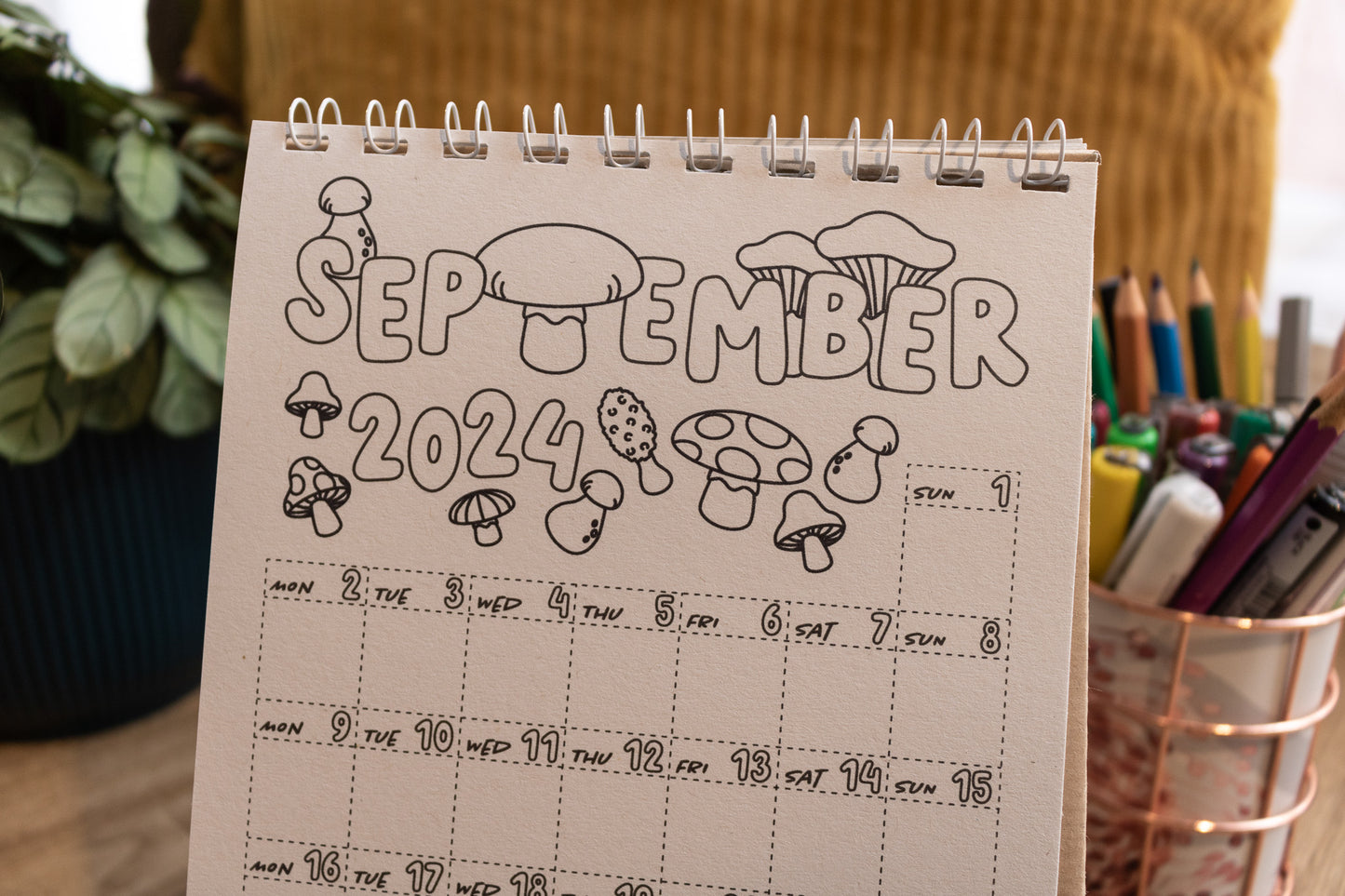 2024 Colouring Calendar by MellowApricotStudio - A5 and A6 standing desk calendars - september page with mushrooms