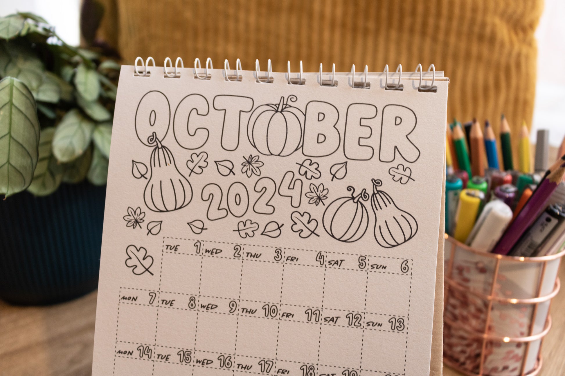 2024 Colouring Calendar by MellowApricotStudio - A5 and A6 standing desk calendars - october page with pumpkins