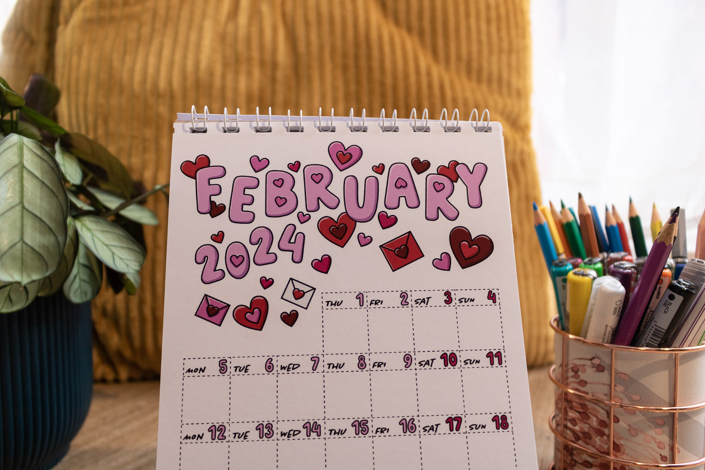 2024 Mini Calendar by MellowApricotStudio - A5 and A6 standing desk calendars - february page with hearts