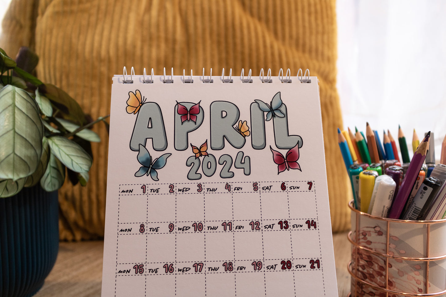 2024 Mini Calendar by MellowApricotStudio - A5 and A6 standing desk calendars - april page with butterflies