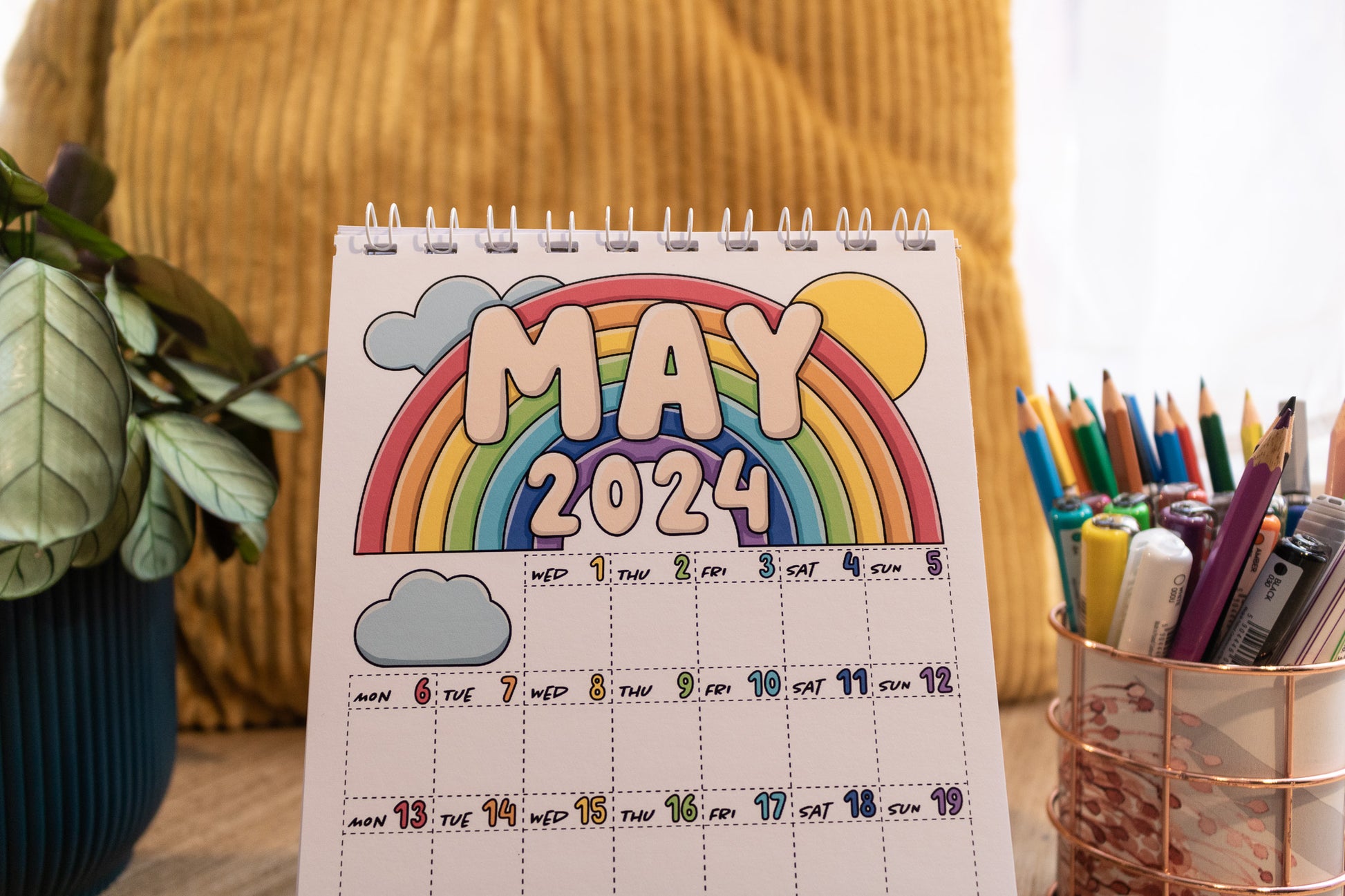 2024 Mini Calendar by MellowApricotStudio - A5 and A6 standing desk calendars - may page with rainbow