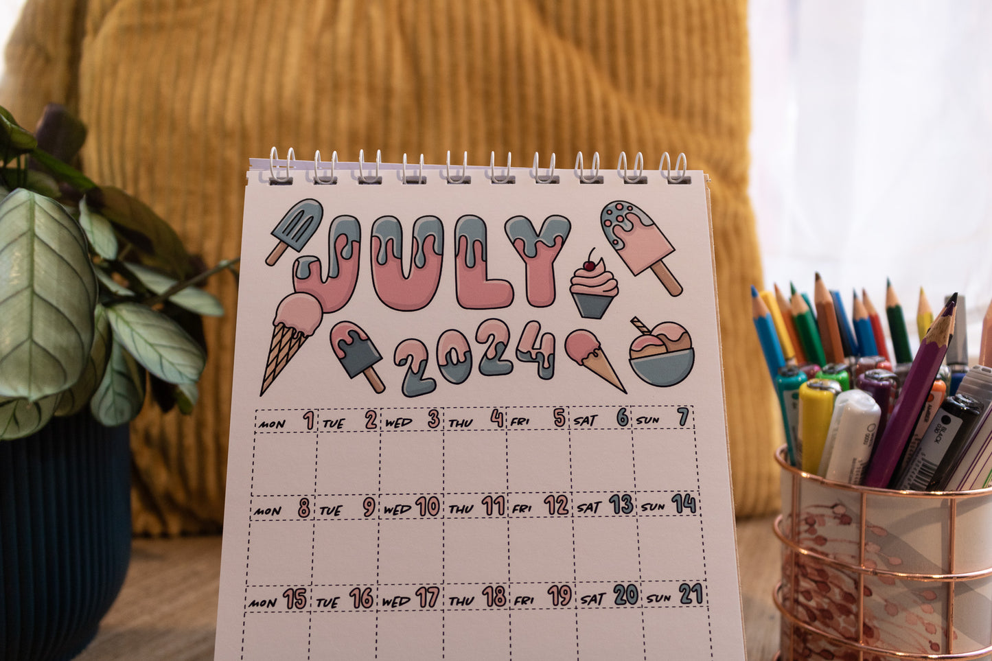 2024 Mini Calendar by MellowApricotStudio - A5 and A6 standing desk calendars - july page with ice cream