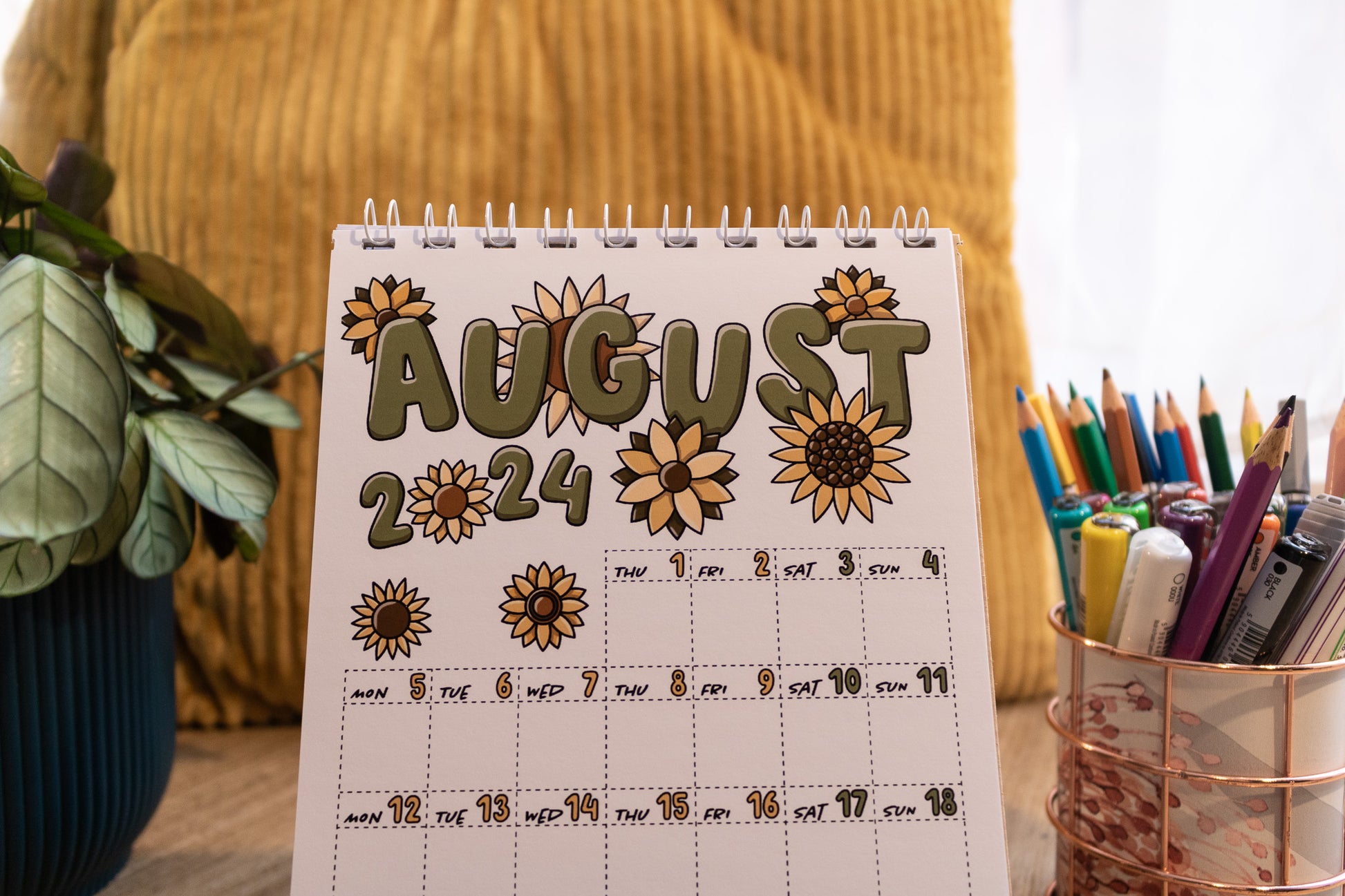 2024 Mini Calendar by MellowApricotStudio - A5 and A6 standing desk calendars - august page with sunflowers