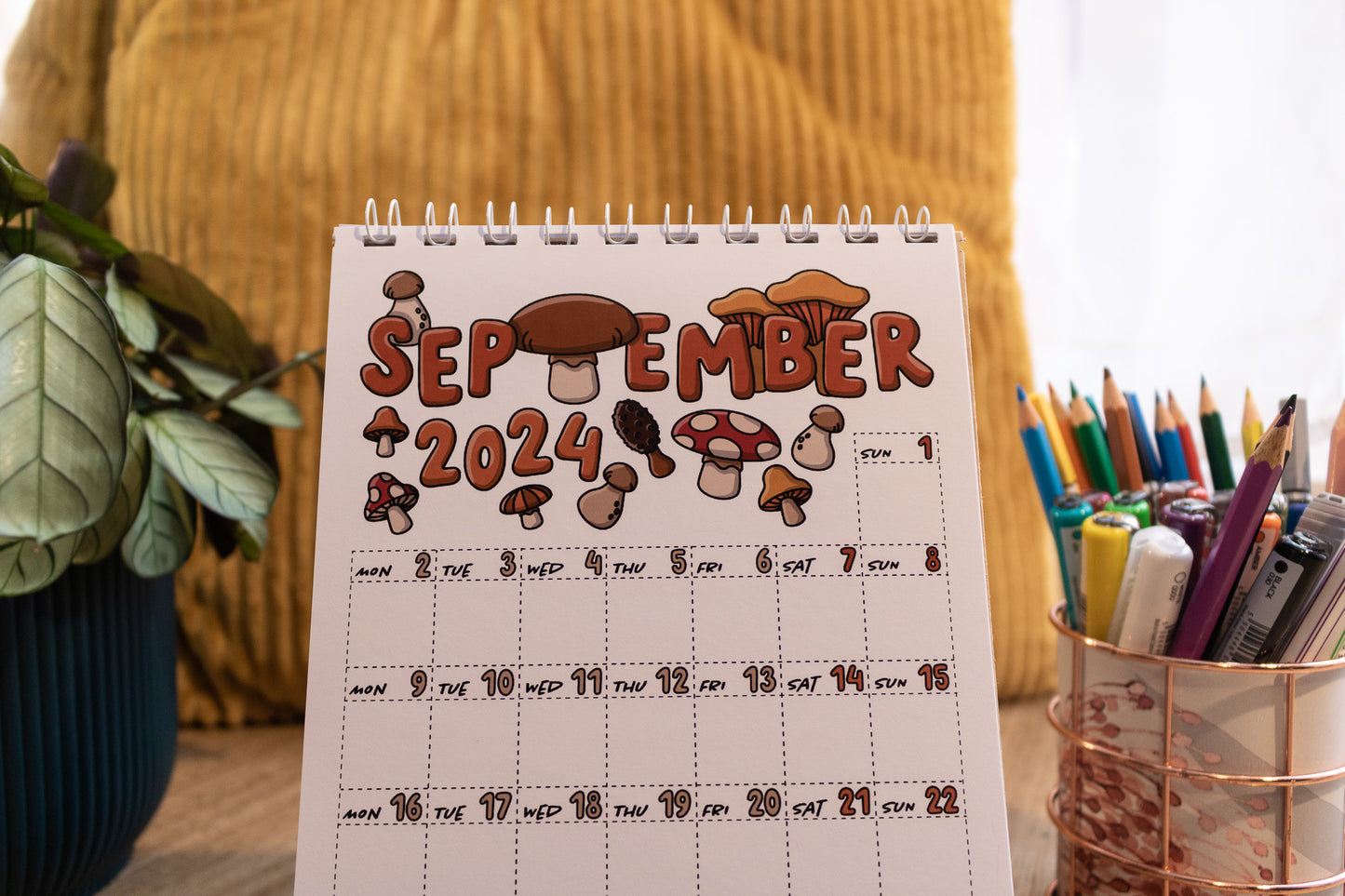 2024 Mini Calendar by MellowApricotStudio - A5 and A6 standing desk calendars - september page with mushrooms