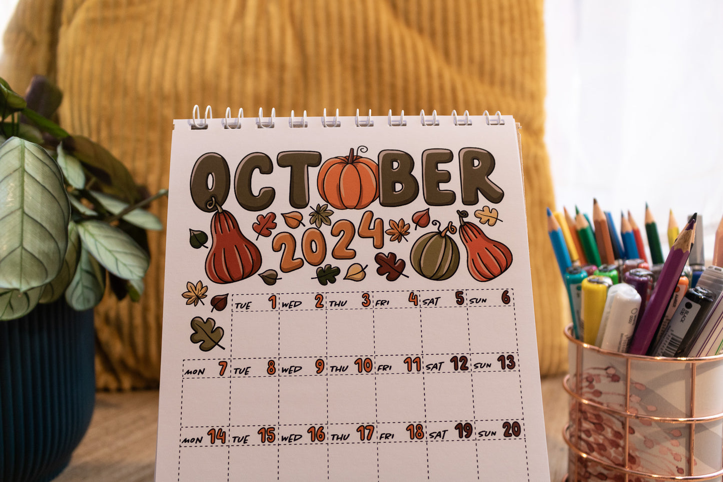2024 Mini Calendar by MellowApricotStudio - A5 and A6 standing desk calendars - october page with pumpkins