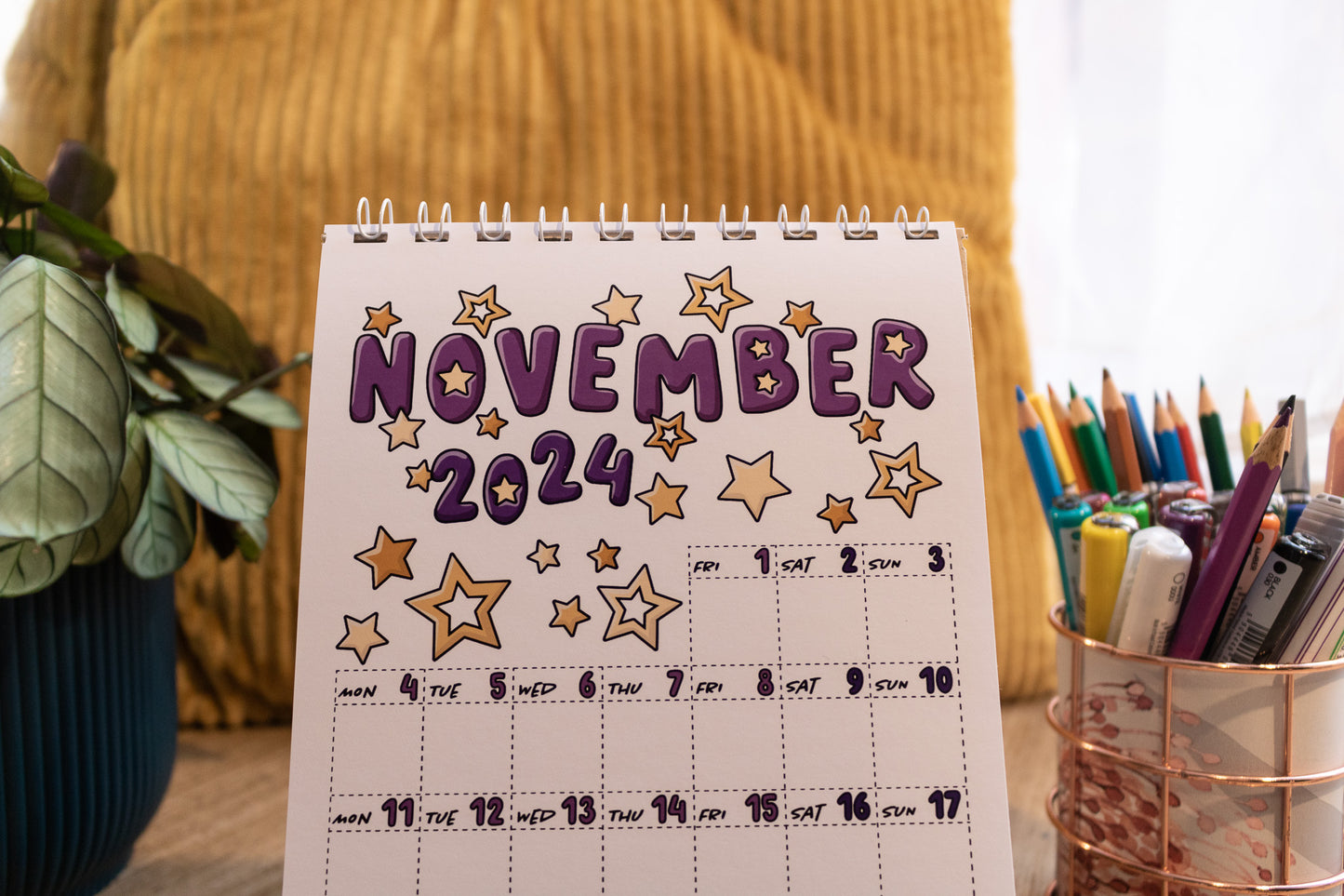 2024 Mini Calendar by MellowApricotStudio - A5 and A6 standing desk calendars - november page with stars