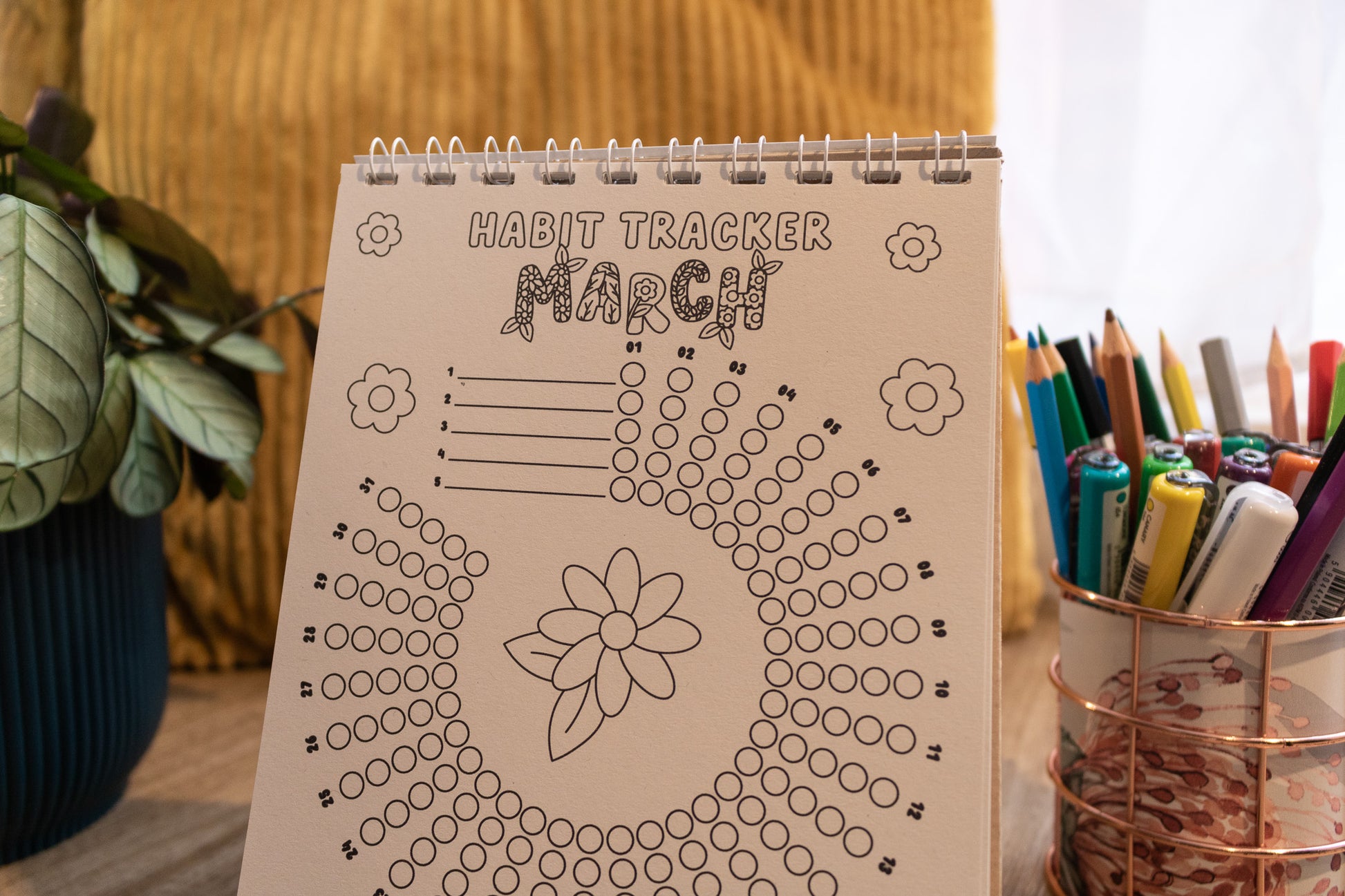 12-month Colouring Habit Tracker by MellowApricotStudio - A5 & A6 standing desk calendar - march page