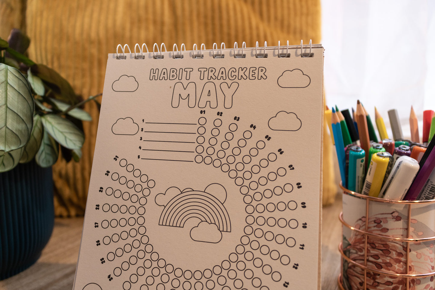 12-month Colouring Habit Tracker by MellowApricotStudio - A5 & A6 standing desk calendar - may page with rainbow