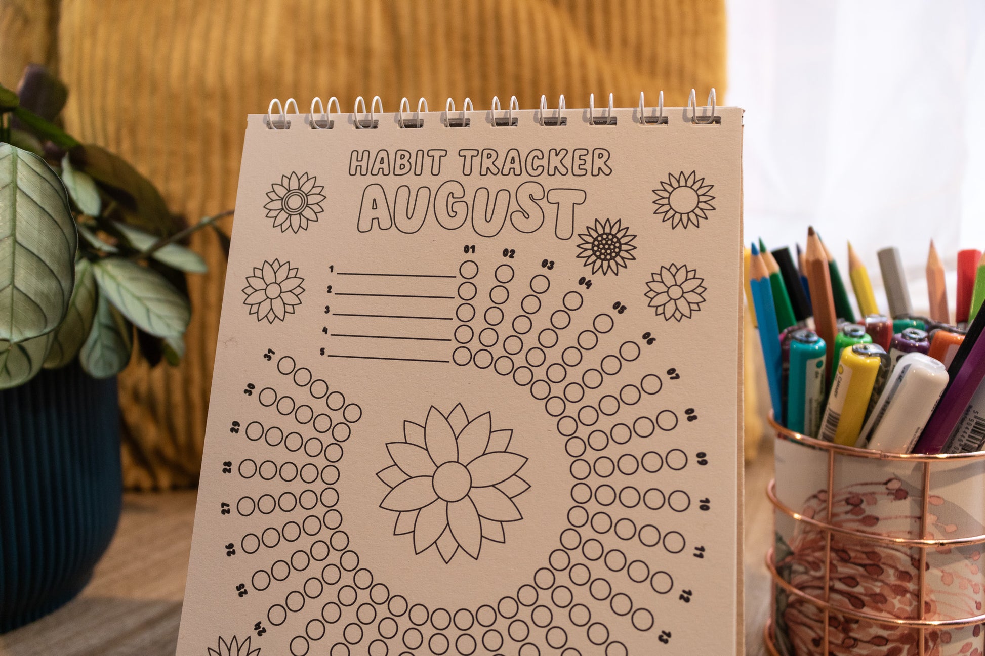 12-month Colouring Habit Tracker by MellowApricotStudio - A5 & A6 standing desk calendar - august page with sunflowers