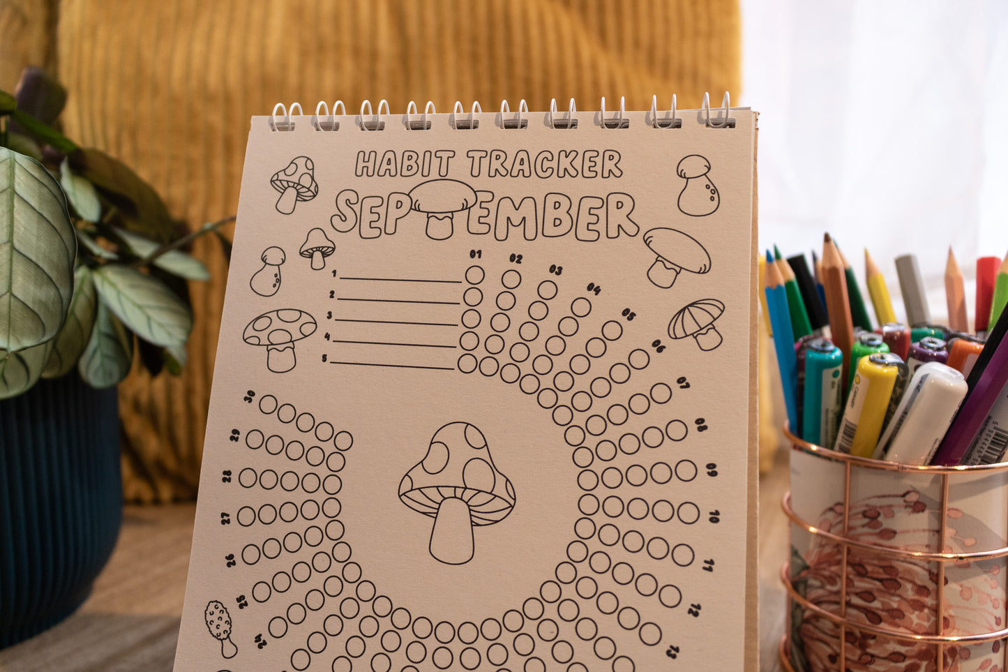 12-month Colouring Habit Tracker by MellowApricotStudio - A5 & A6 standing desk calendar - september page with mushrooms