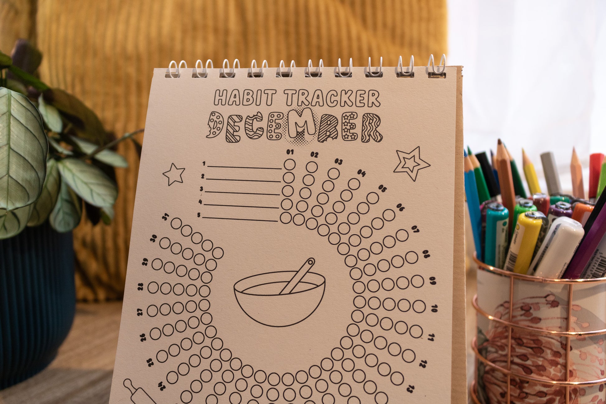 12-month Colouring Habit Tracker by MellowApricotStudio - A5 & A6 standing desk calendar - december page with baking