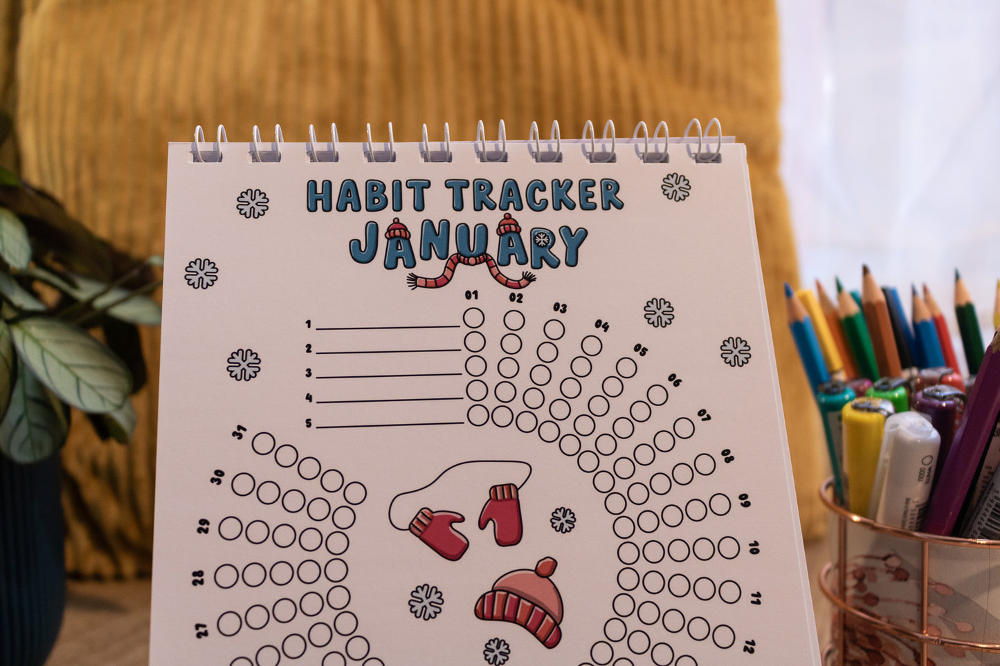 12-month Colouring Habit Tracker by MellowApricotStudio - A5 & A6 standing desk calendar - january page