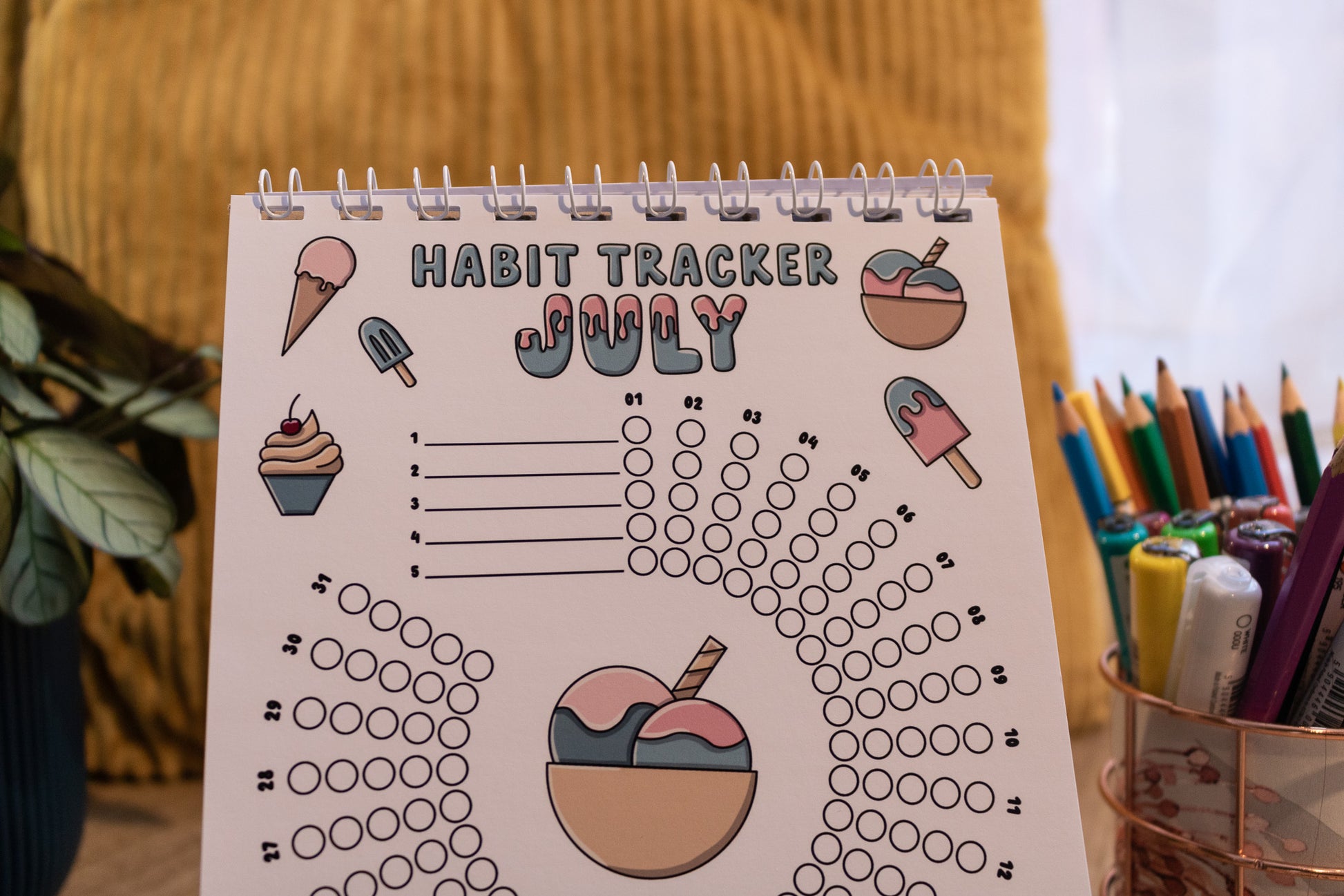 12-month Colouring Habit Tracker by MellowApricotStudio - A5 & A6 standing desk calendar - july page with ice cream