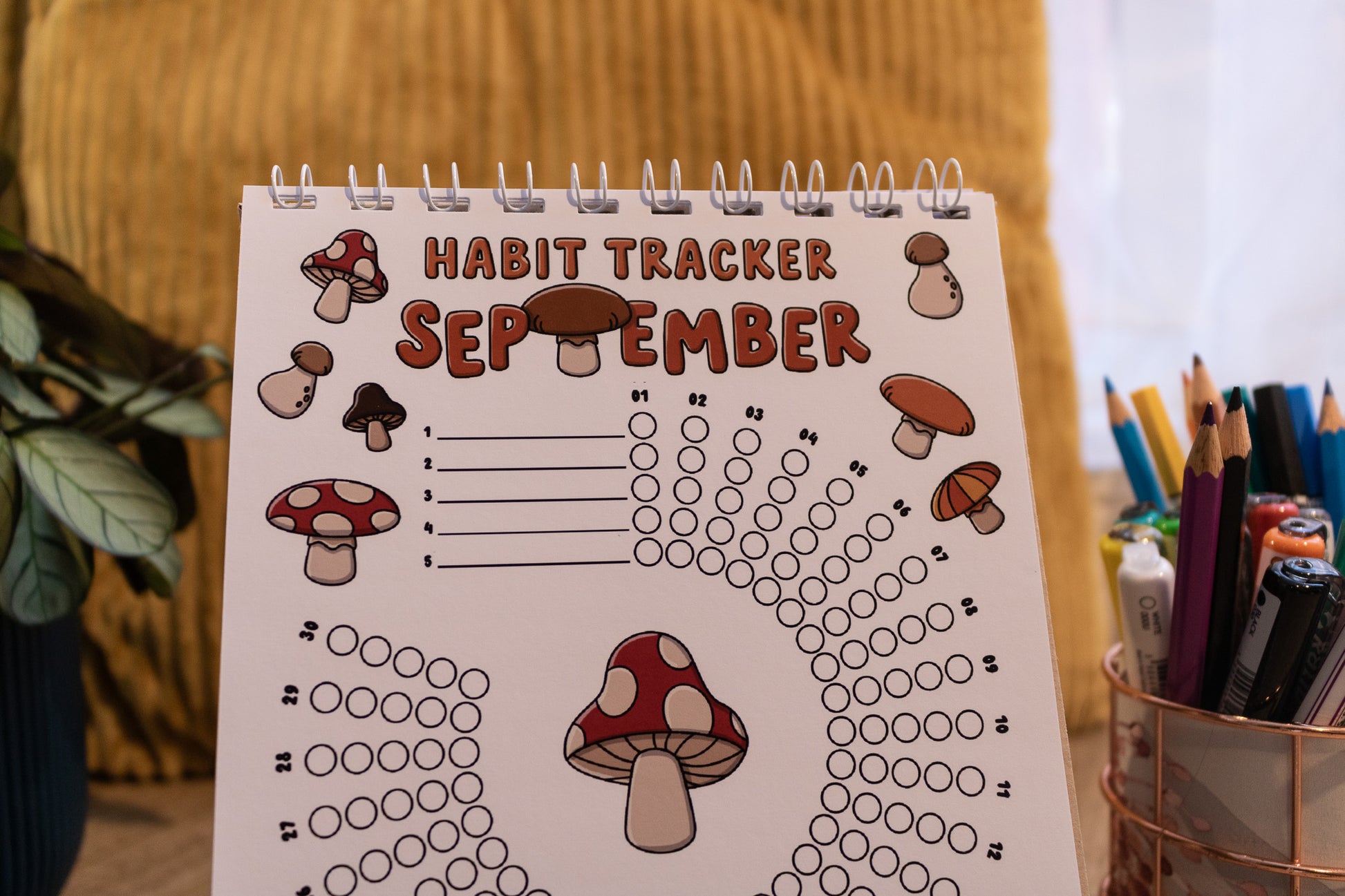12-month Colouring Habit Tracker by MellowApricotStudio - A5 & A6 standing desk calendar - september  page with mushrooms