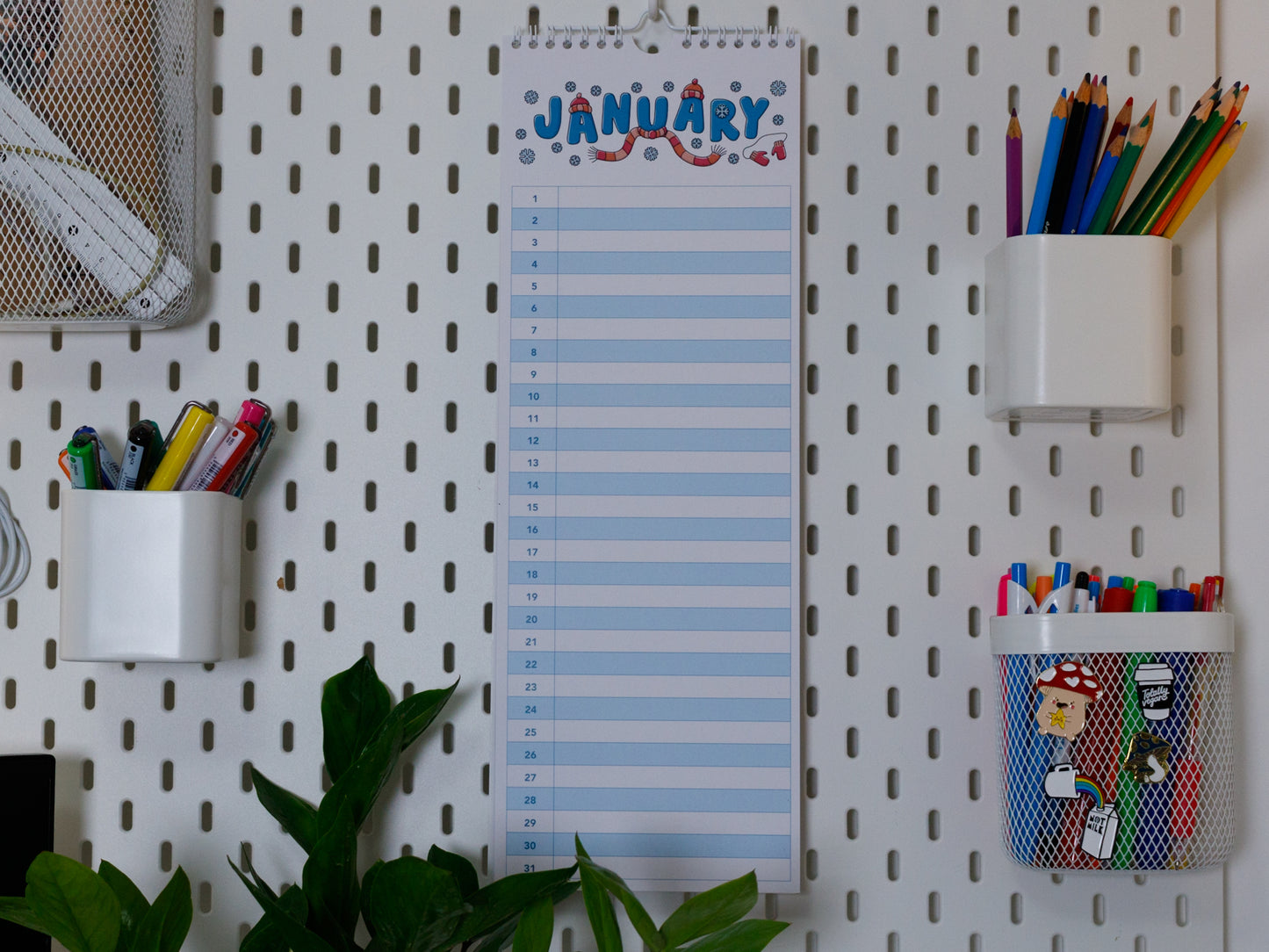 Colourful Perpetual Birthday & Anniversary Planner hanging on office peg board - January with Snow Design