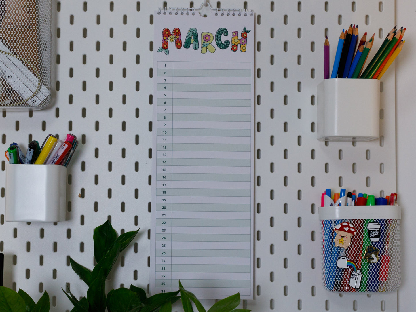 Colourful Perpetual Birthday & Anniversary Planner hanging on office peg board - March