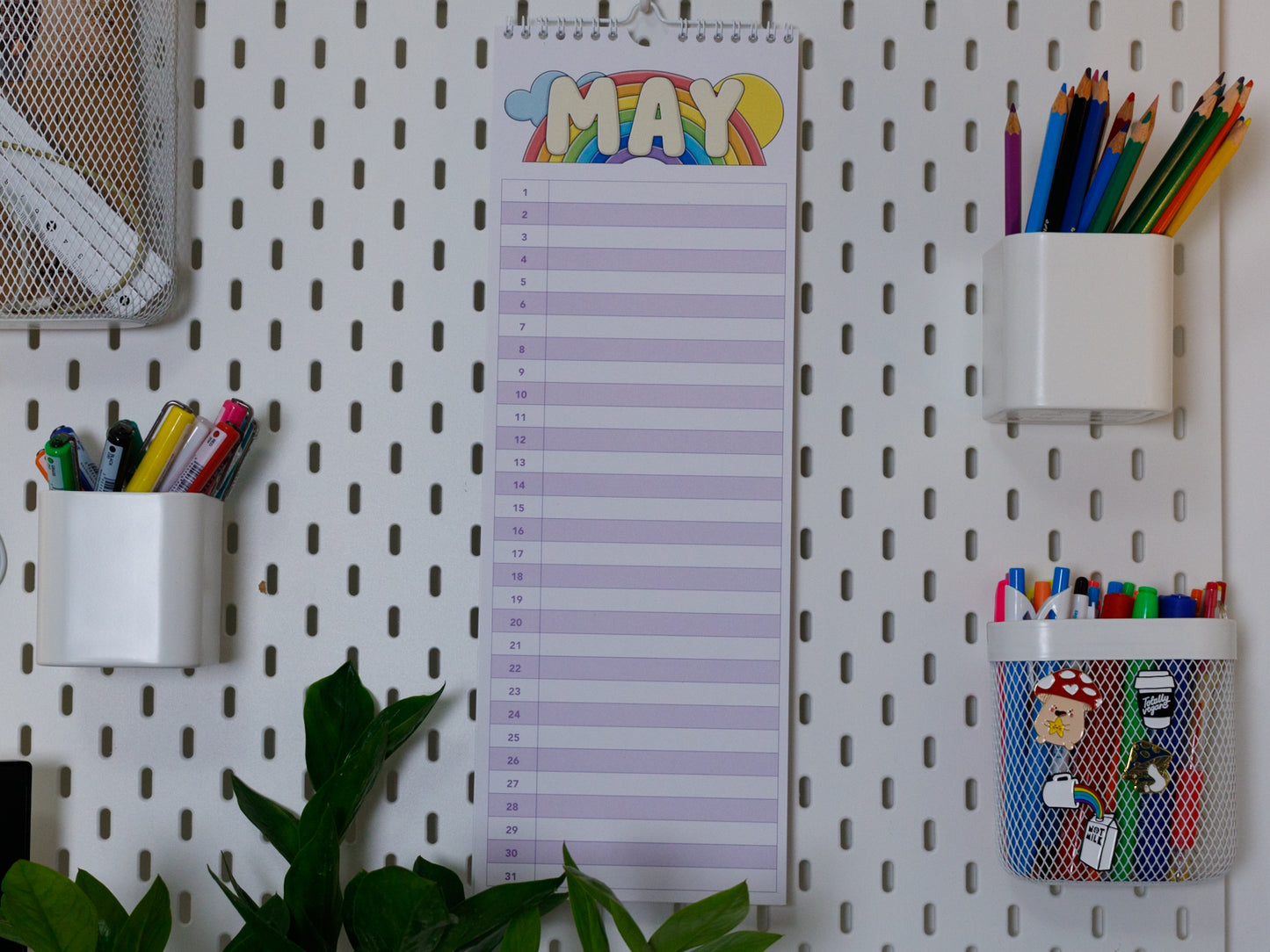 Colourful Perpetual Birthday & Anniversary Planner hanging on office peg board - May with Rainbow Design