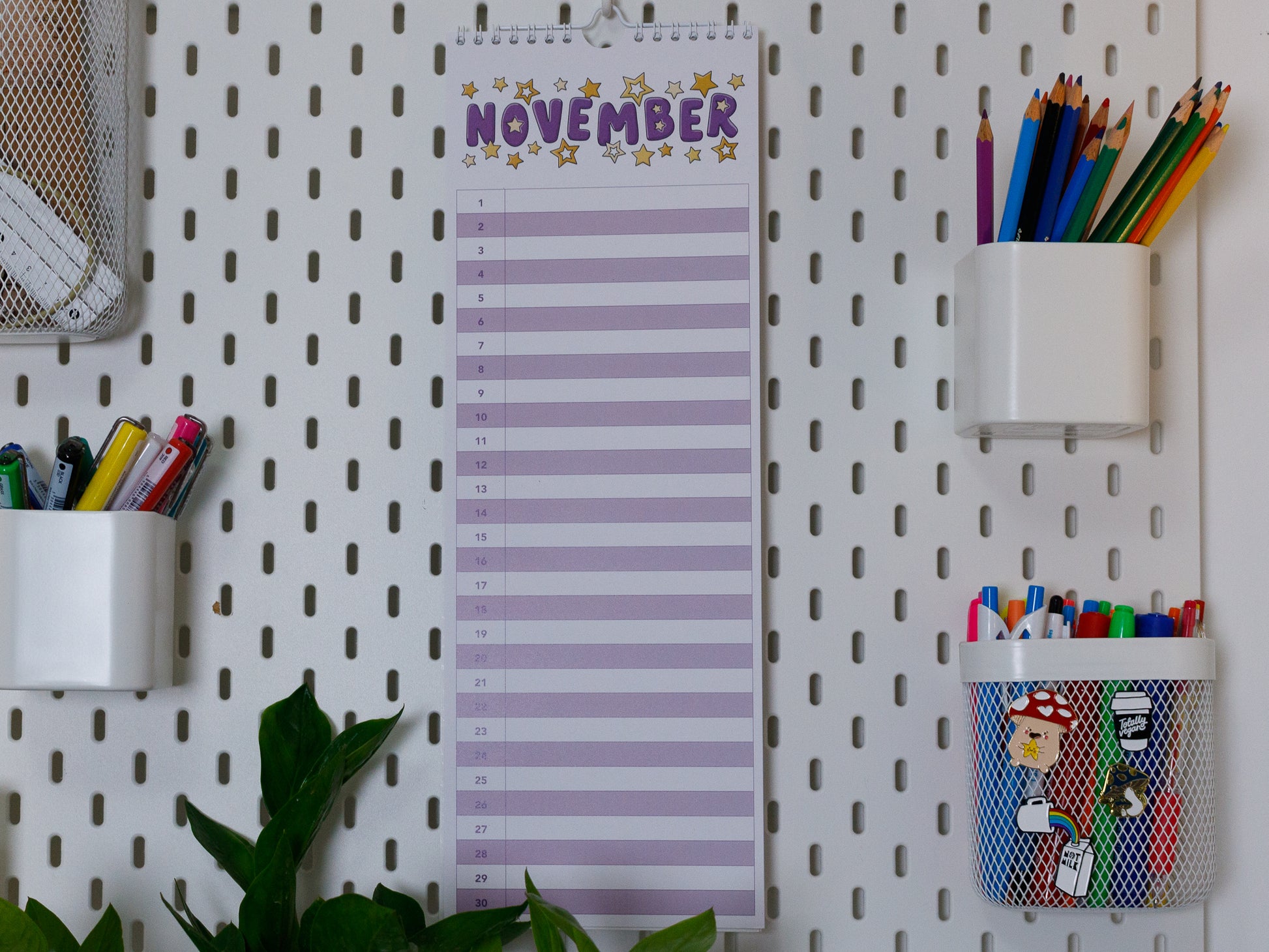 Colourful Perpetual Birthday & Anniversary Planner hanging on office peg board - November with Star Design