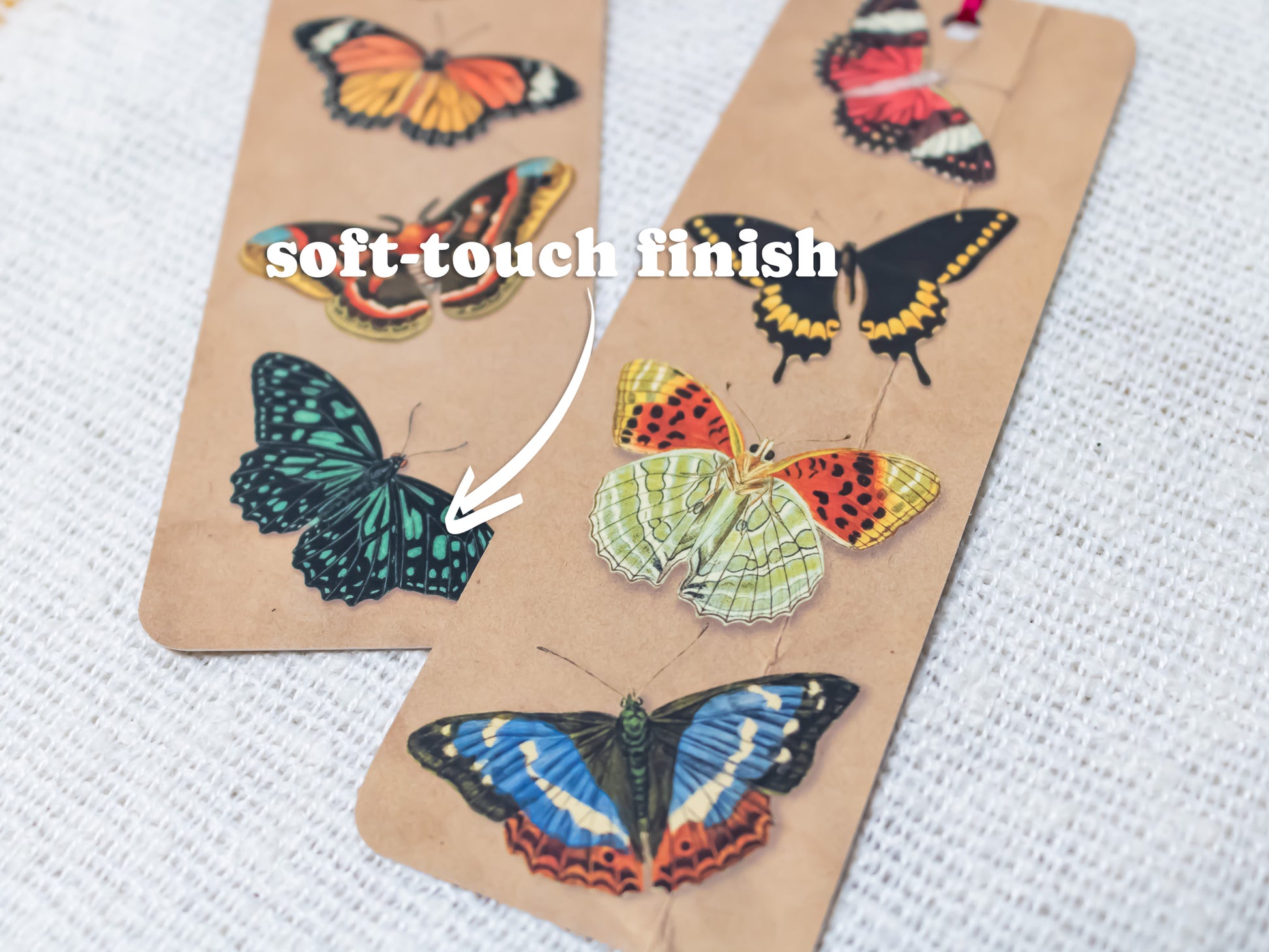 Vintage Butterfly Bookmark with Tassel - close up - TEXT OVERLAY: soft-touch finsih