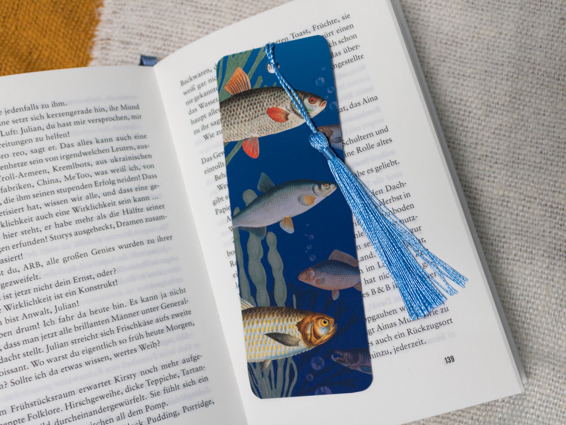 Vintage Fish Illustration Bookmark with Tassel - in book