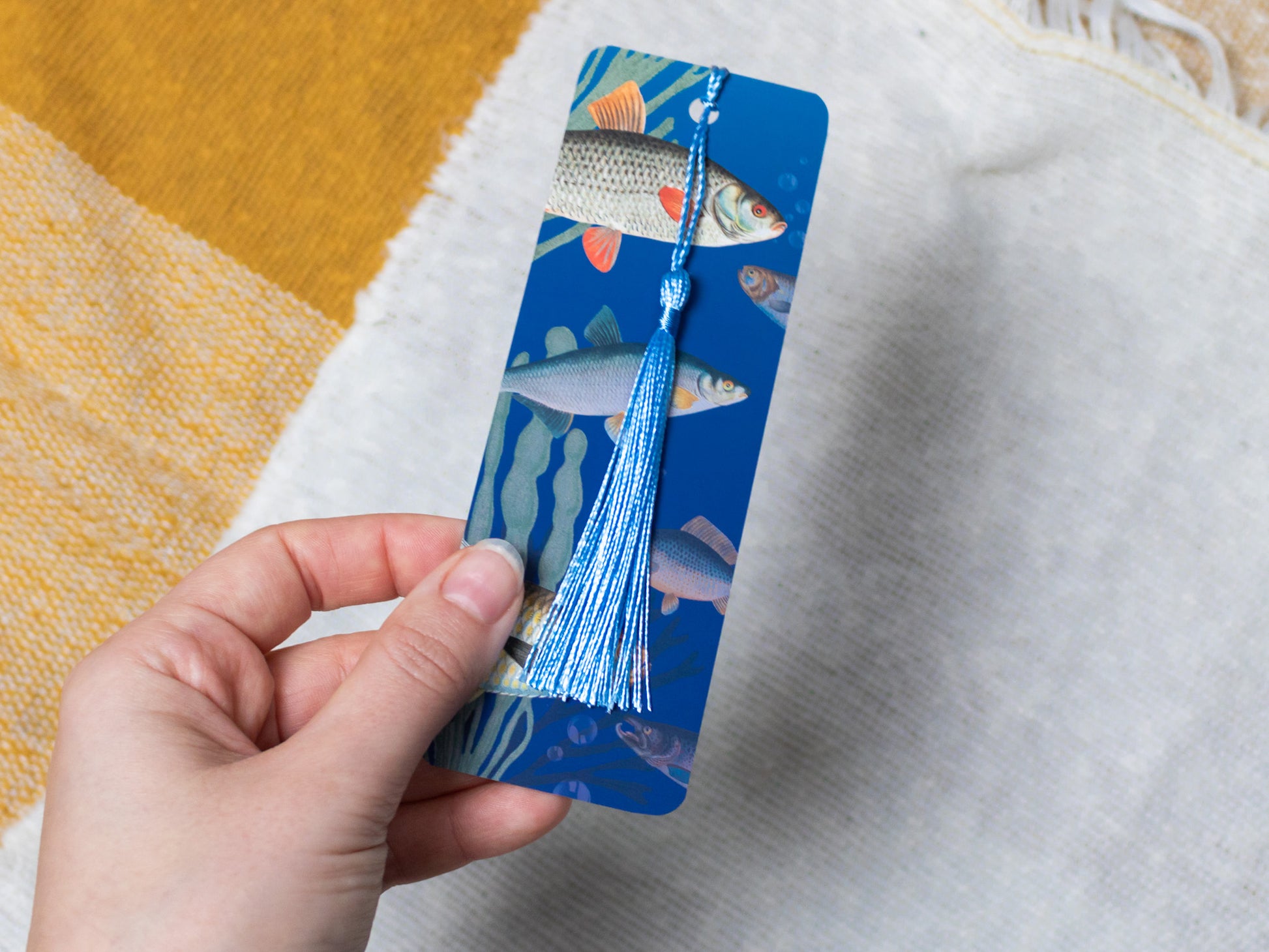 Vintage Fish Illustration Bookmark with Tassel - held in hand