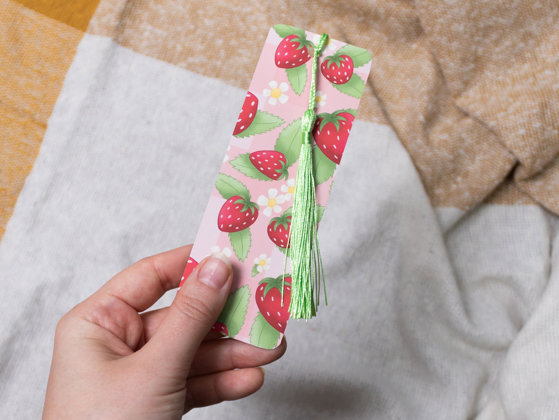 Strawberry Bookmark with Tassel - held in hand