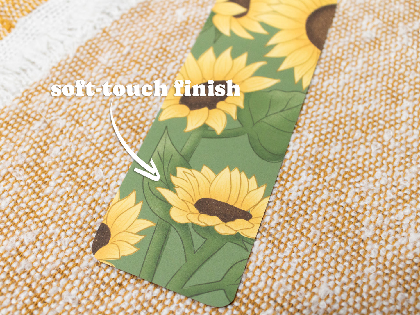 Sunflower Bookmark with Tassel - close up - TEXT OVERLAY: soft-touch finish