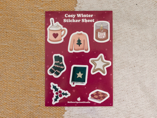 Cosy Winter Sticker Sheet with various winter-themed stickers on a red card.
