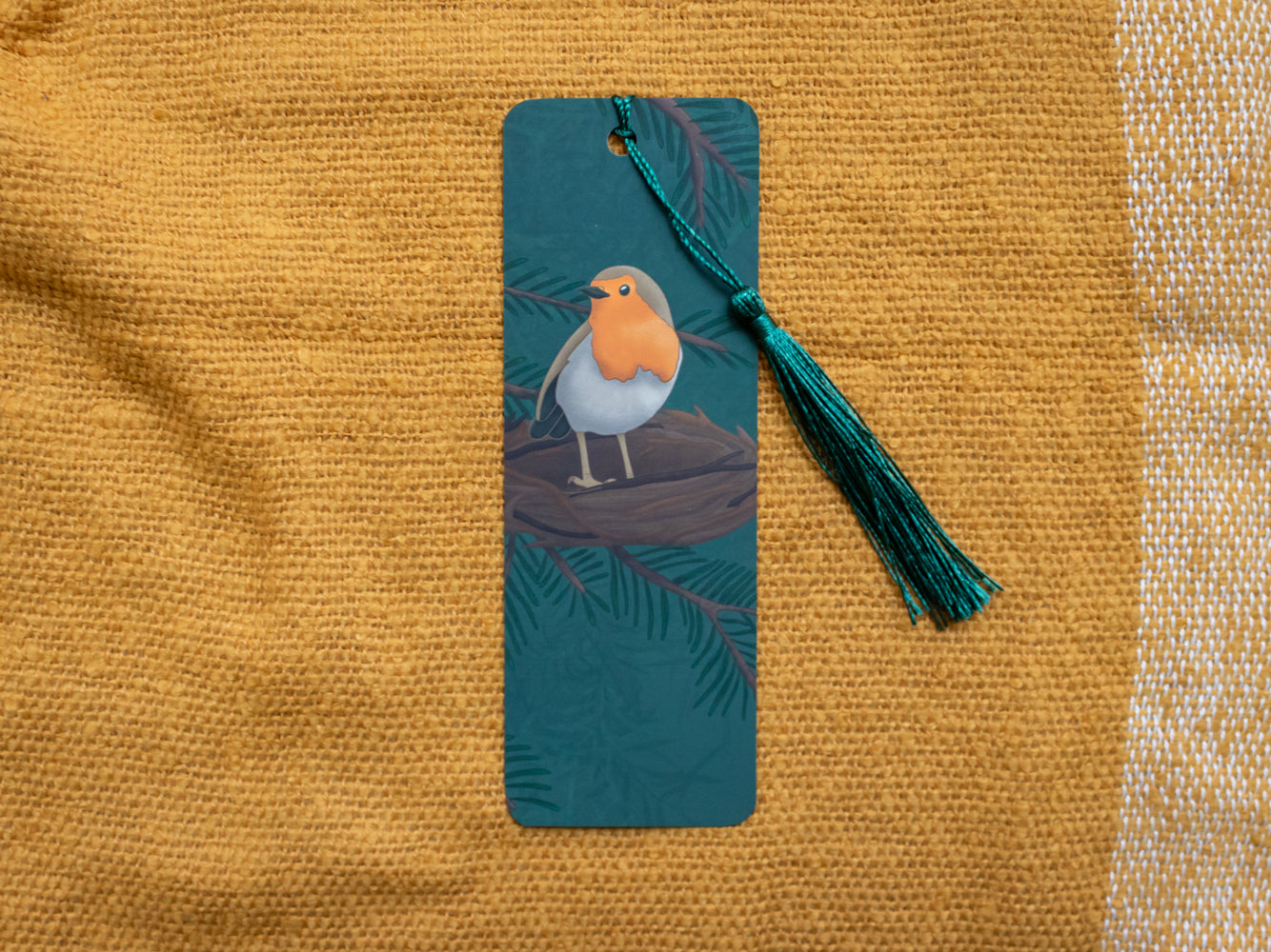 Bookmark with a robin design on a textured yellow background