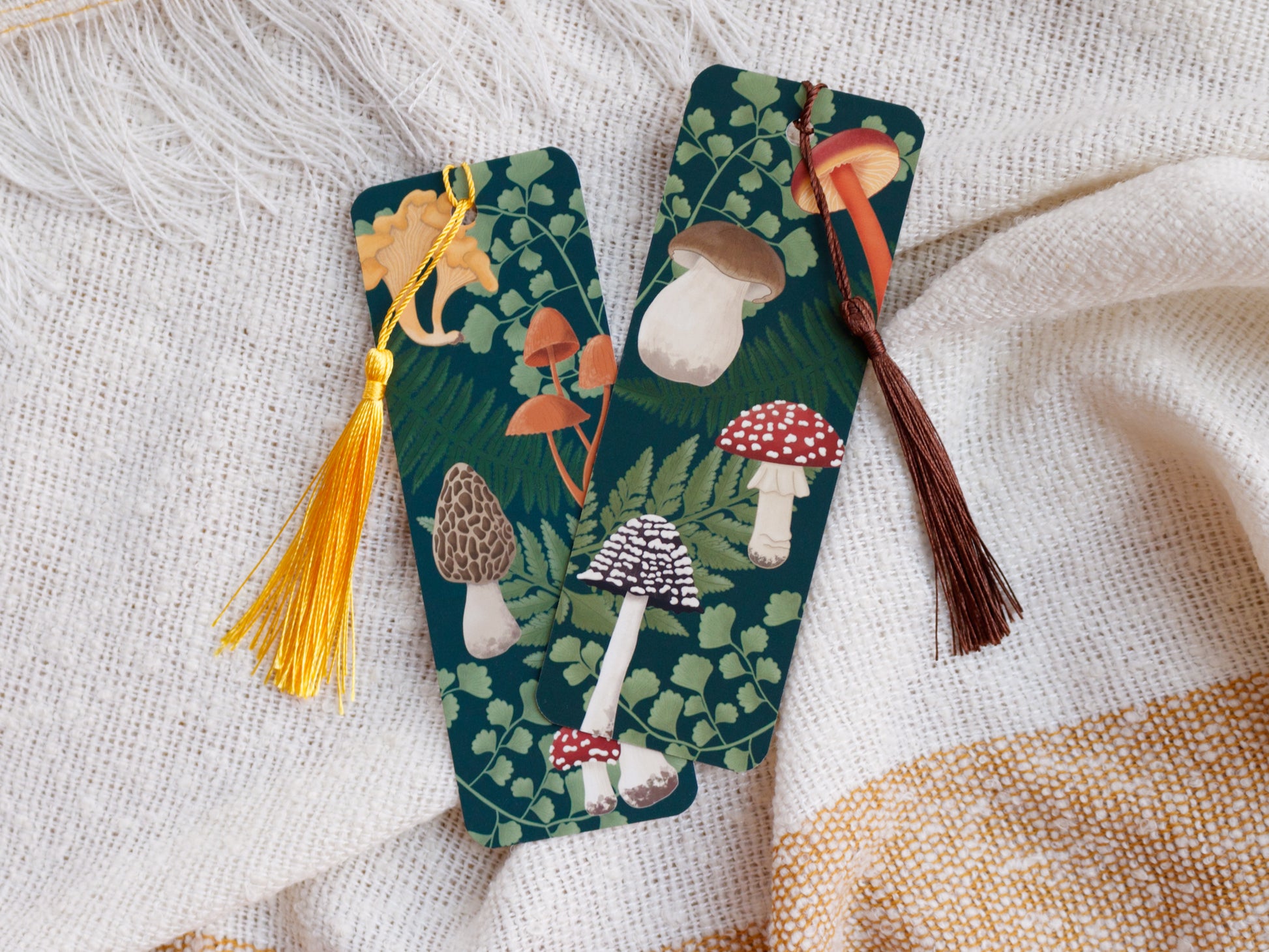 Mushroom and Fern Bookmark with Tassel - front and back side design