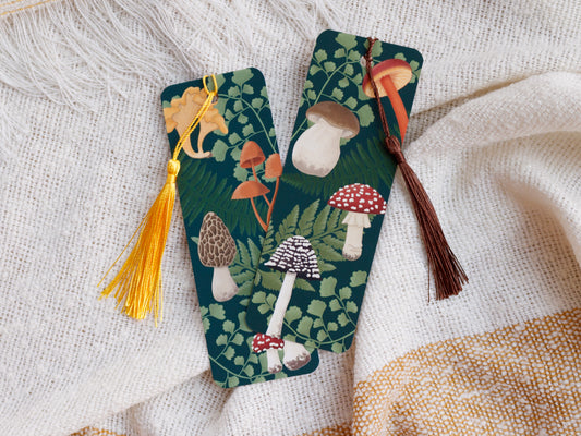 Mushroom and Fern Bookmark with Tassel - front and back side design