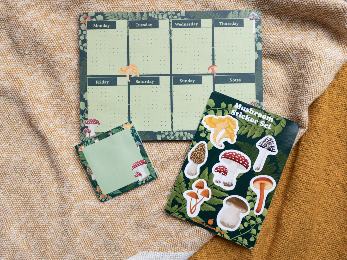 Mushroom Planner Gift Bundle includes A5 Weekly Planner Pad, Sticky Notes and Mushroom Sticker Sheet