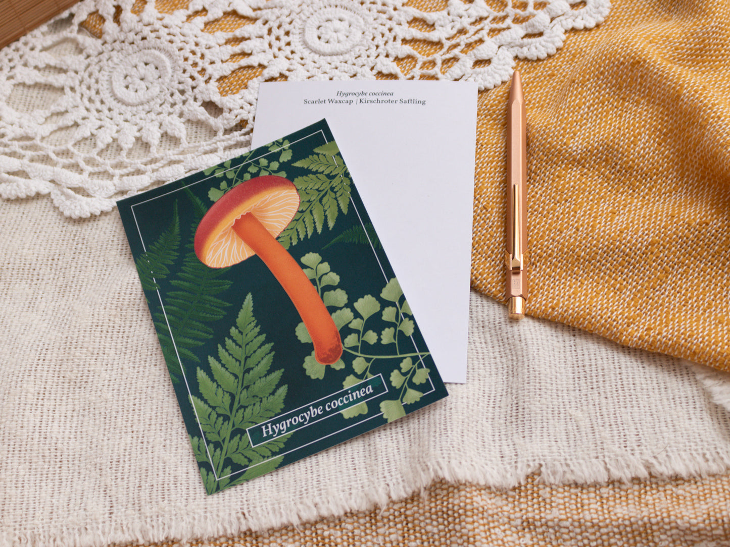 Scarlet Waxcap Mushroom Postcard with pen