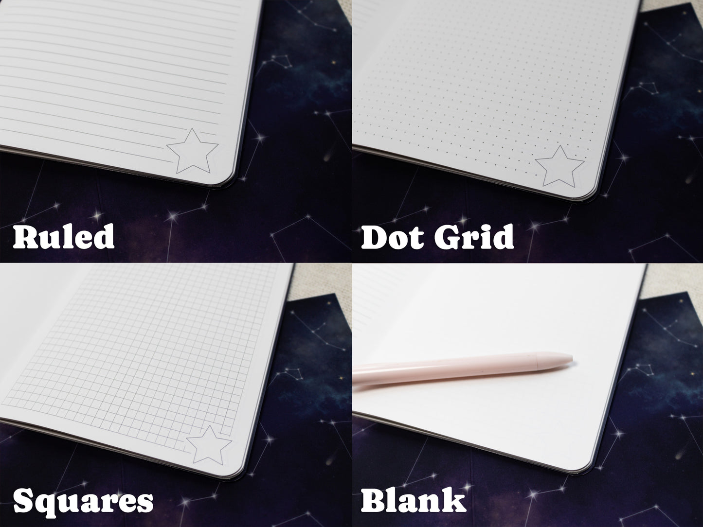 A5 Handmade Notebook with Cosmic Design - inner options: ruled, dot grid, squares and blank