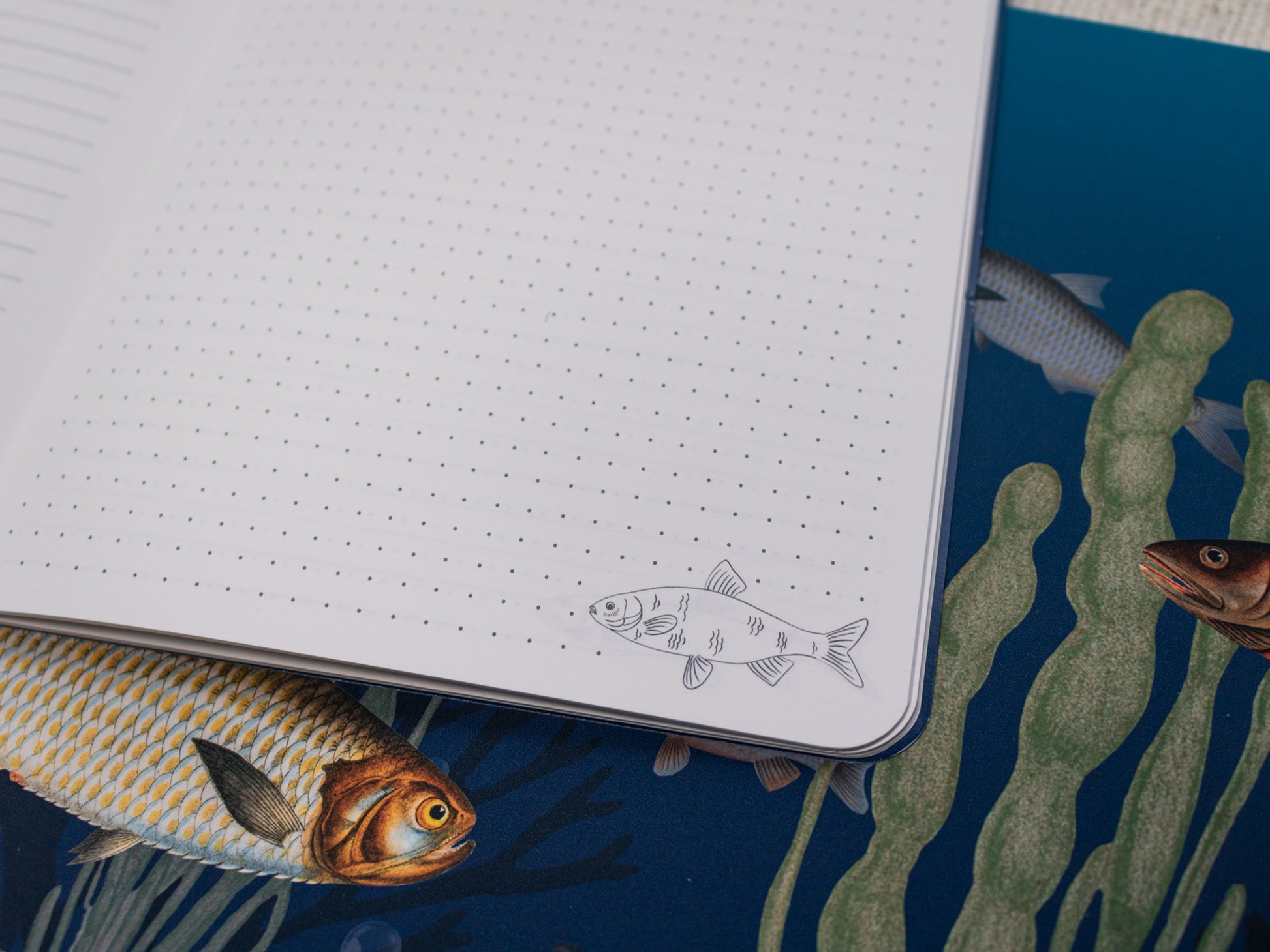 A5 Handmade Notebook with Vintage Fish Design - dot grid