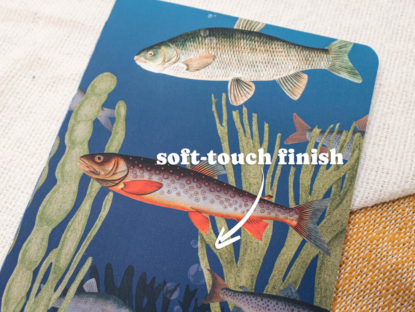 A5 Handmade Notebook with Vintage Fish Design - soft-touch finish