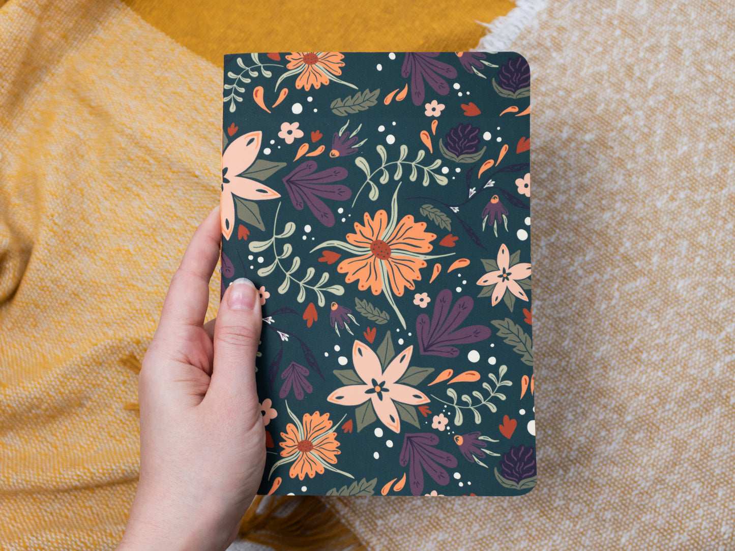 A5 Handmade Notebook with Autumnal Floral Design - held in hand