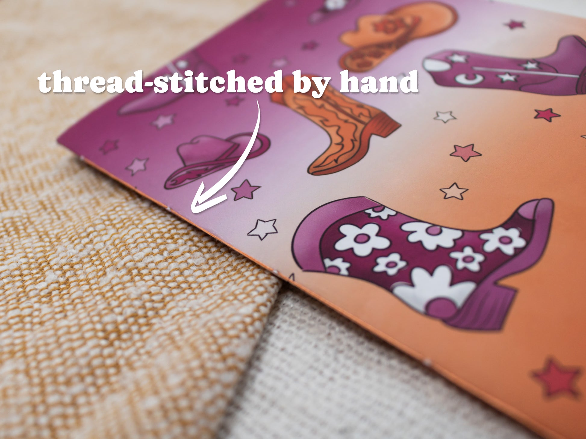 A5 Handmade Soft Cover Notebook with Cowboy Pattern - thread stitched by hand