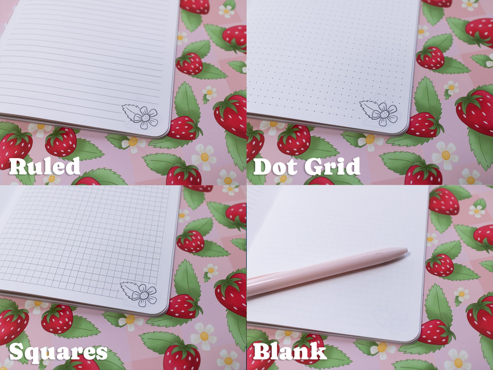 A5 Handmade Notebook with Strawberry Design - inner options: ruled, dot grid, squares, blank