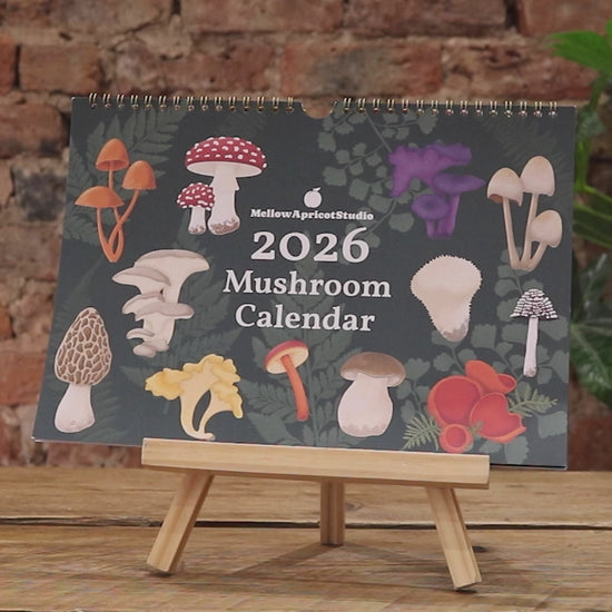 2026 Mushroom Wall Calendar - hands flipping through all pages