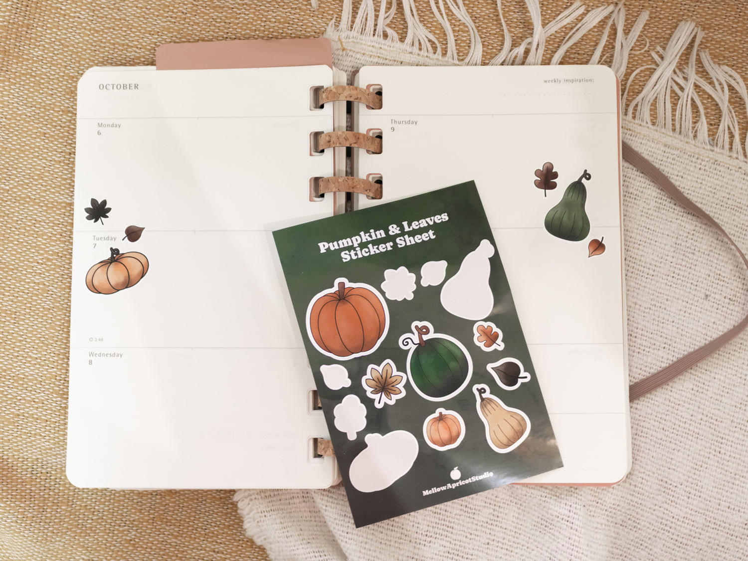 Sticker sheet with pumpkins and leaves on a planner