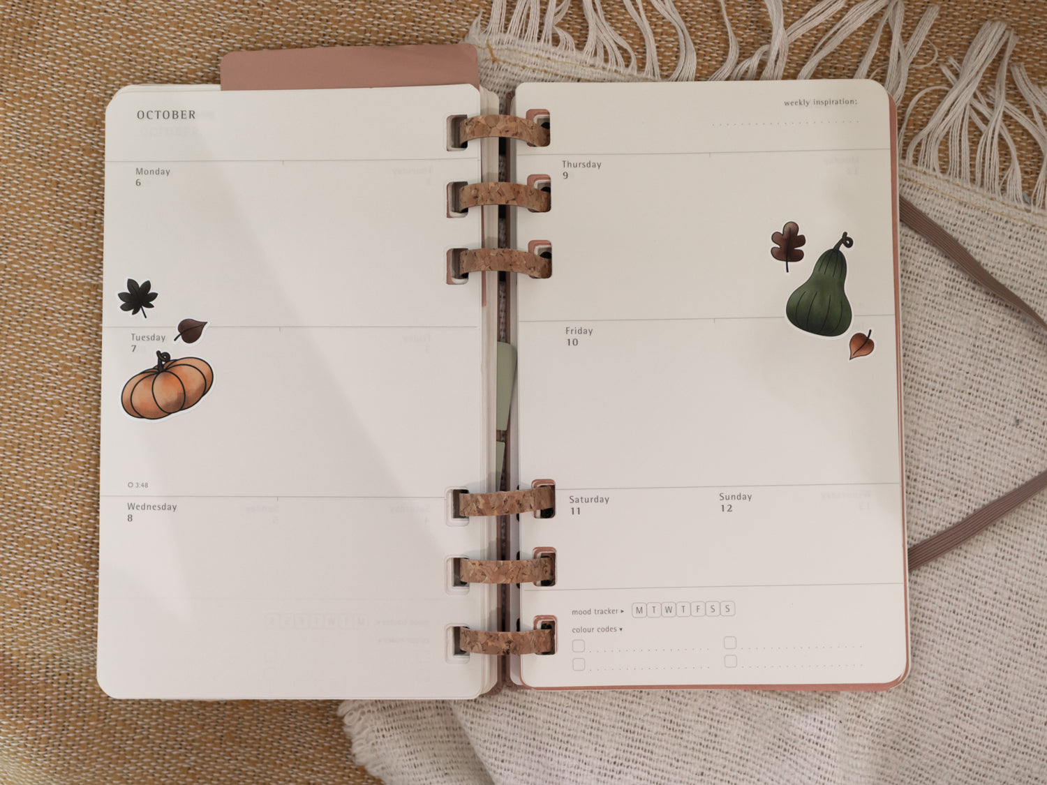 Open planner with October page showing pumpkins and leaves stickers on a textured surface.